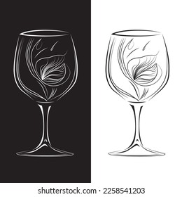 A simple, elegant patterned glass wine goblet on a black and white background. Ideal for interior and menu design or as part of a logo.