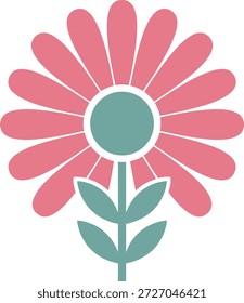 Sencillo y elegante ícono de flor de margarita rosa diseñado en un estilo de Vector plano y minimalista con tonos pastel suaves. Con pétalos redondeados, un centro circular y hojas verdes limpias, esta ilustración transmite frescura, primavera, naturaleza, felicidad y positividad.