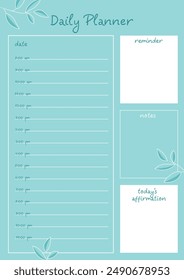 A simple and elegant planner template with a blue background and floral illustrations. It includes sections for an hourly schedule, notes, and daily affirmations.