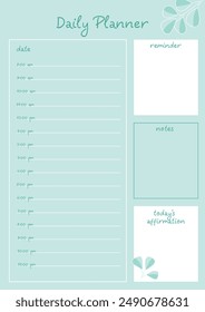 A simple and elegant planner template with a mint background and floral illustrations. It includes sections for an hourly schedule, notes, and daily affirmations.