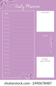 Simple and elegant planner template with pink background and floral illustrations. It includes sections for an hourly schedule, notes, and daily affirmations.