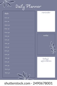 A simple and elegant planner template with a purple background and white floral illustrations. It includes sections for date, hourly schedule, and notes.