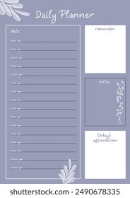 A simple and elegant planner template with a purple background and floral illustrations. It includes sections for an hourly schedule, notes, and daily affirmations.