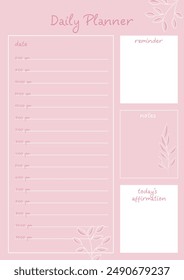 A simple and elegant planner template with a soft pink background and floral illustrations. It includes sections for an hourly schedule, notes, and daily affirmations.