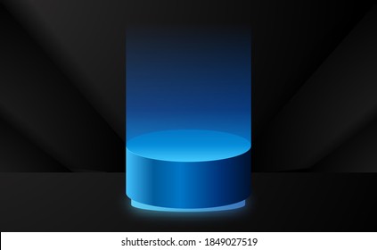 simple elegant podium pedestal stage product display with blue neon glow color, suitable for tech, futuristic, electric and computer