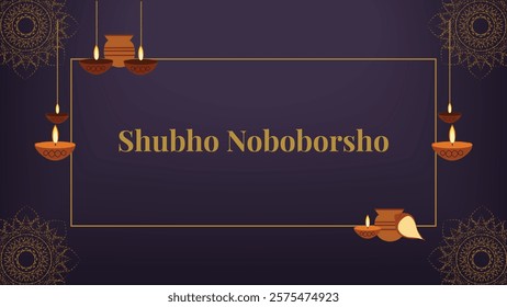 A simple and elegant Pohela Boishakh (Bengali New Year) greeting with "Shubho Noboborsho" text, diyas (oil lamps), and mango leaves, celebrating the occasion