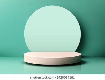 Exhibición simple y elegante del producto con un podio redondo blanco 3D con el fondo del círculo en un fondo verde. Ilustración de vector