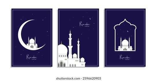 Simple elegant Ramadan Kareem greeting card set with white mosque illustration and dark blue background for poster invitation background print social media post etc