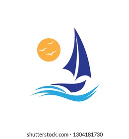 Simple and elegant sailboat vector concept design with abstract wave and sun. Marine boat transport symbol. Vector illustration EPS.8 EPS.10