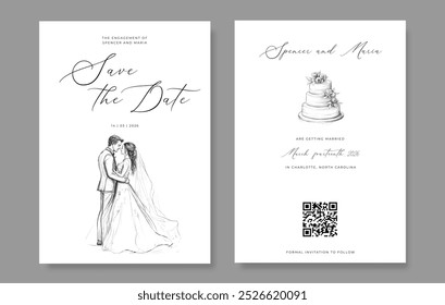 Simple and elegant save the date wedding card template with a couple and wedding cake