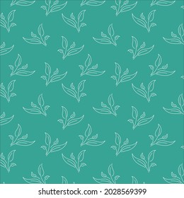 A simple and elegant seamless pattern of hand drawn white outline of leaves in green background