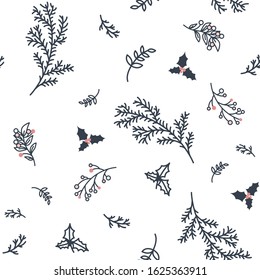 Simple elegant seamless pattern with winter branches in festive Christmas style. Minimalist Holly mistletoe, norway spruce and conifer in scandinavian Nordic monochromatic print design. 