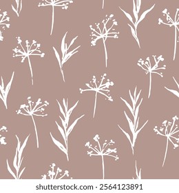 
Simple and elegant seamless vector pattern with hand drawn brush white grass blades and inflorescences on beige background.