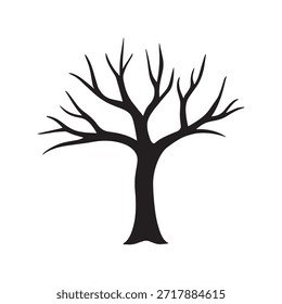 Una silueta simple y elegante de un árbol desnudo. El árbol tiene un tronco grueso y numerosas ramas que se extienden en varias direcciones. El marcado contraste blanco y negro enfatiza la estructura del árbol y la ausencia de hojas, lo que sugiere una temporada de latencia o invierno. La Imagen es minimalista y se centra únicamente en la forma del árbol.