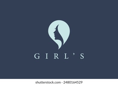 Simple and elegant silhouette of a woman's profile in her hair . Light blue on dark blue background, symbolizing beauty, elegance, feminine grace, and minimalism.