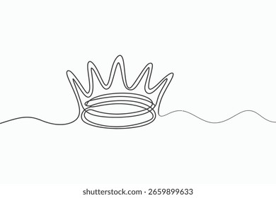 Uma ilustração simples, elegante, de uma majestosa coroa com uma linha ondulada que se estende a partir dela, em um pano de fundo branco limpo.