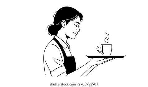 Um esboço simples e elegante de um servidor feminino em um avental, sorrindo enquanto segura uma bandeja com um copo de vapor. A ilustração é isolada sobre um fundo branco.