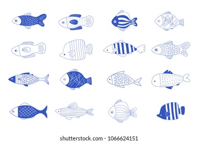 Simple, elegant and stylish collection of modern hand drawn fish illustrations, logos, design