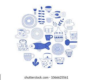 Simple, elegant and stylish collection of modern hand drawn kitchenware, japanese ceramics, logos and illustrations, craft and handmade concept