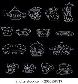 A simple, elegant and stylish collection of modern hand-painted ceramic tableware. Vector Set