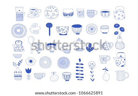 Simple, elegant and stylish collection of modern hand drawn kitchenware, japanese ceramics, logos and illustrations, craft and handmade concept