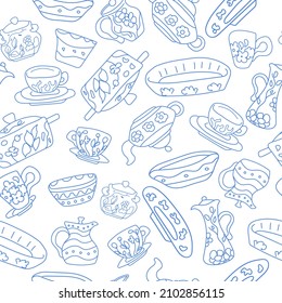 A simple, elegant and stylish pattern of modern hand-painted ceramic tableware on a white background. Vector