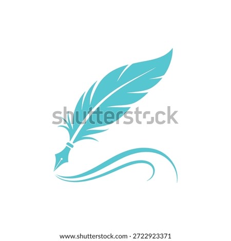 A simple, elegant teal feather quill pen illustration with a curving flourish.
