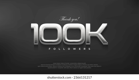 Simple and elegant thank you 100k followers, with a modern shiny silver color. Premium vector background for achievement celebration design.