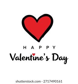 Un diseño simple y elegante de la tarjeta de felicitación del día de San Valentín. La tarjeta presenta un Grande corazón rojo dibujado a mano en la parte superior, que simboliza el amor y el afecto. Debajo del corazón, las palabras 'HAPPY' están impresas en una fuente limpia, sans-serif, seguida de 'Valentine's Day' en una fuente más decorativa, similar a un guion. Un pequeño corazón rojo salpica la 'i' en San Valentín, añadiendo un detalle sutil. El fondo es blanco liso, haciendo que el corazón rojo y el texto se destaquen.