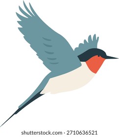 Una representación de Vector simple y elegante de un pájaro que se eleva por el aire, representada con detalles mínimos, colores sólidos audaces y sin sombreado, colocada sobre un fondo blanco nítido