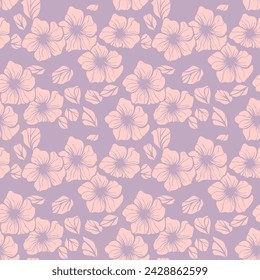 Simple elegant vector floral seamless pattern. Cute romantic ornament texture with plain exotic flowers, leaves. Lilac and pink color. Fashionable botanical background. Repeatable decorative design