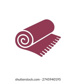 A simple and elegant vector icon of a rolled-up burgundy rug or carpet with fringe. Isolated on a white background, perfect for various design needs.