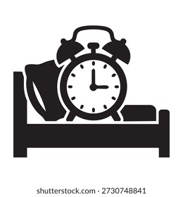 Uma ilustração vetor simples e elegante de um despertador colocado em uma cama, representado em um estilo minimalista.