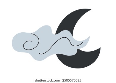 Una Ilustración vectorial simple y elegante de una luna creciente cubierta por una nube arremolinada. El diseño plano, de estilo de dibujos animados para fiestas de Halloween, Elementos minimalistas, escena nocturna tranquila y mágica