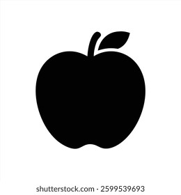 A simple and elegant vector illustration features a black silhouette of an apple with a leaf. The design is minimalist and suitable for various projects, conveying freshness and health.