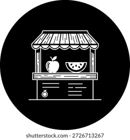 Una Ilustración vectorial sencilla y elegante de un puesto de frutas, con una variedad de frutas frescas bajo un toldo a rayas.