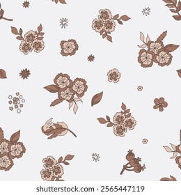 A simple and elegant vector illustration of scattered floral motifs in soft Mocha Mousse tones, isolated on a white background. Perfect for gift wrap and cards.