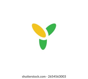 Uma ilustração vetorial simples e elegante mostrando um design abstrato de três pétalas em amarelo e verde. O design minimalista o torna versátil para uma variedade de usos.
