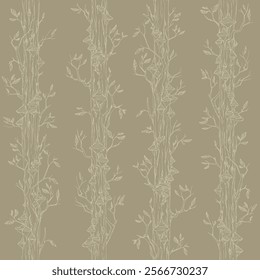 
Simple elegant vector seamless pattern in gray and beige tones with tree trunks covered with mushrooms.