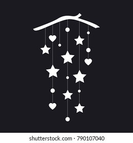 Simple and elegant wall hanging banner with stars, hearts, and circles. Everyday or Christmas decor. Cute interior decor from wood, rope, and paper. Monochrome vector