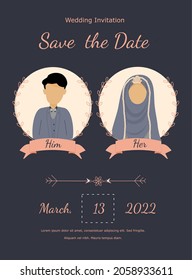 simple and elegant wedding invitation with bride and groom illustration.