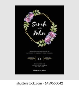 Simple elegant wedding invitation card template with purple rose flower bouquet decoration