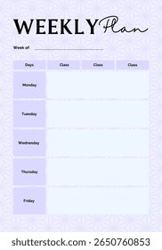 Simple and elegant weekly planner template with a purple geometric background. Features columns for multiple classes or tasks, ideal for students, teachers, or professionals managing a structured week