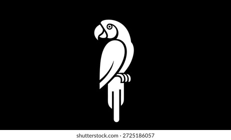 Uma ilustração simples, elegante e em linha branca de um papagaio empoleirado, colocado contra um fundo preto sólido, enfatizando sua silhueta e forma.
