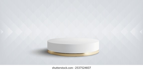 Un podio blanco simple y elegante con una sutil base de acento dorado se asienta sobre un fondo de patrones geométricos ligeros, ideal para mostrar productos, premios o presentaciones. Ilustración vectorial