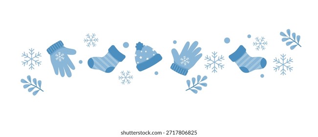 Ilustración de borde divisor de temática invernal simple y elegante con guantes, calcetín y gorro. perfecto para el fondo de la estación fría y conceptos visuales de invierno acogedores.