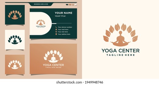 Logo sencillo y elegante de yoga con concepto creativo. Diseño de logotipos y tarjetas de visita. Vector Premium