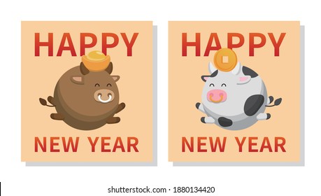 Simple and elegant Zodiac Bull and Cow poster or greeting card, cartoon comic vector illustration