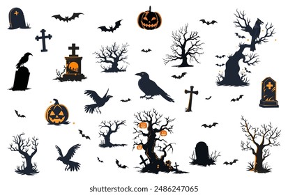 simple elements vector of halloween featured jack-o-lantern, twisted tree, crows and grave stone. isolated on white background.