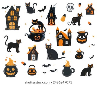 el Vector de Elementos simples de halloween presentaba gatos negros, casa embrujada y olla de caldero. aislado sobre fondo blanco.